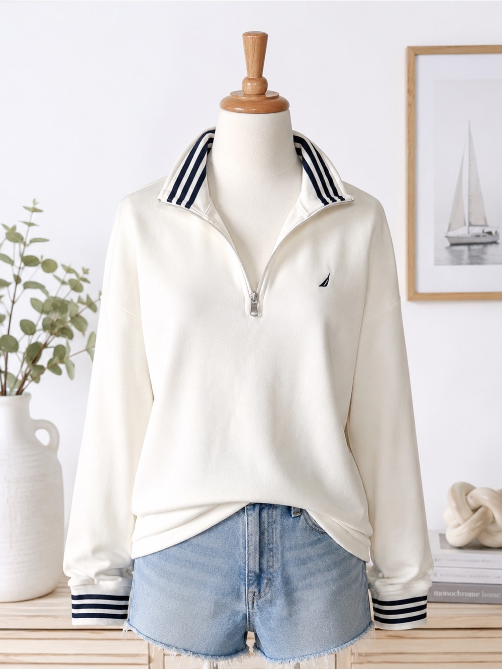 NWT Nautica Quarter Zip Pullover Sweatshirt White Navy Stripe XL